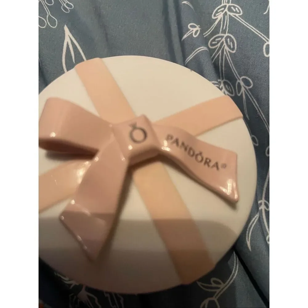 Pandora Cream and Pink Bow Porcelain Round Keepsake Jewelry Trinket Box